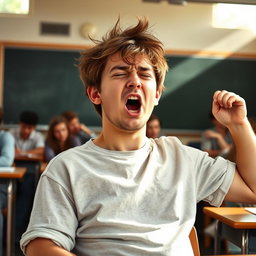 A chubby young man who often feels drowsy, stifling a yawn while stretching in a classroom setting