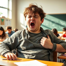 A chubby young man who often feels drowsy, stifling a yawn while stretching in a classroom setting