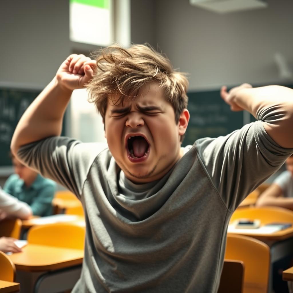 A chubby young man who often feels drowsy, stifling a yawn while stretching in a classroom setting