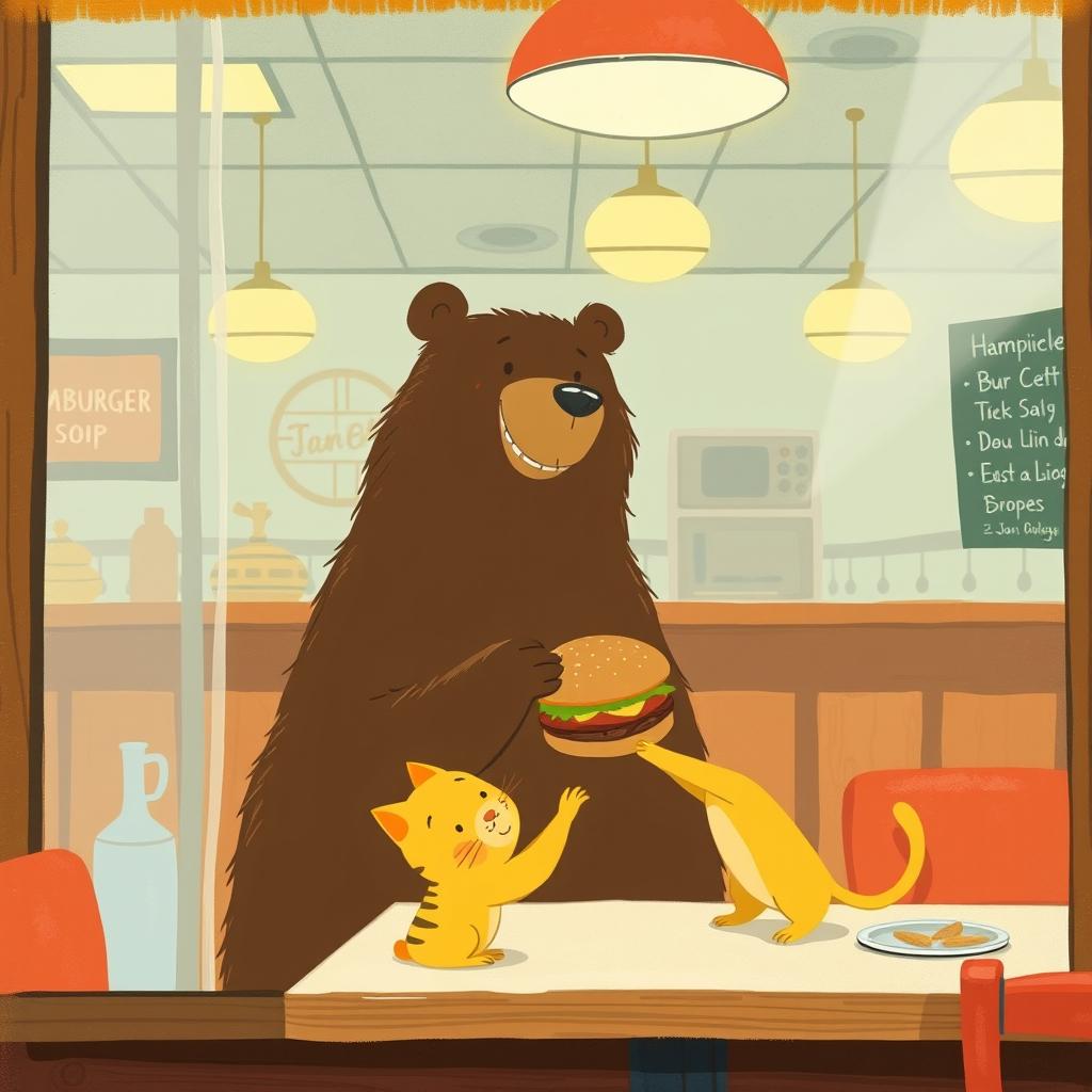 Inside a hamburger shop, a cute little yellow cat is happily receiving a hamburger from a smiling brown bear, depicted in the charming style of Jon Klassen