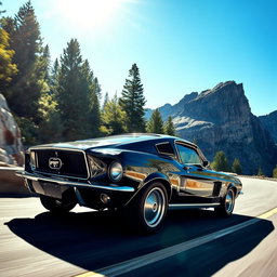 A bold black 1967 Ford Mustang Fastback carving through tight mountain roads at high speed, with the sun shining brightly above