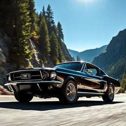 A bold black 1967 Ford Mustang Fastback carving through tight mountain roads at high speed, with the sun shining brightly above