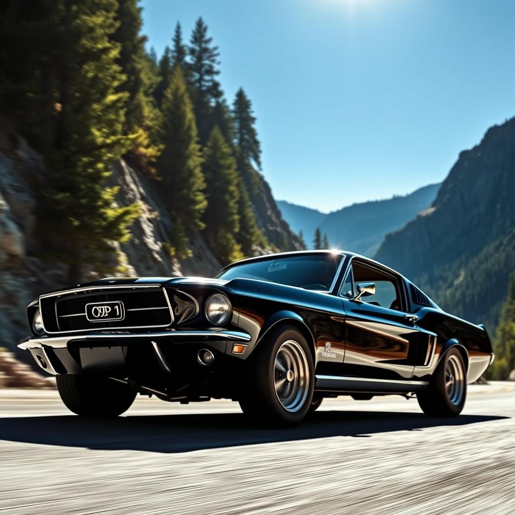 A bold black 1967 Ford Mustang Fastback carving through tight mountain roads at high speed, with the sun shining brightly above