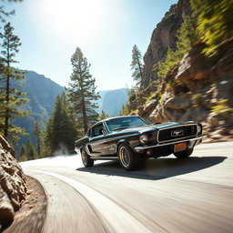 A bold black 1967 Ford Mustang Fastback carving through tight mountain roads at high speed, with the sun shining brightly above