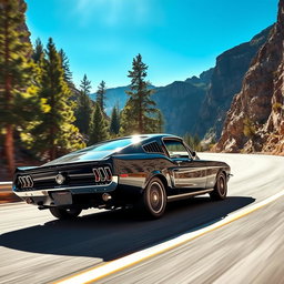 A bold black 1967 Ford Mustang Fastback carving through tight mountain roads at high speed, with the sun shining brightly above