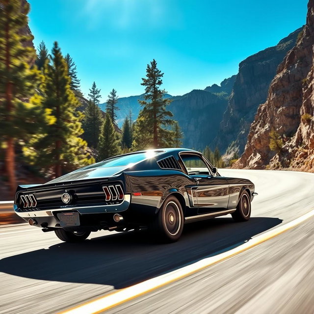 A bold black 1967 Ford Mustang Fastback carving through tight mountain roads at high speed, with the sun shining brightly above