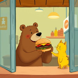 Inside a hamburger shop, a cheerful smiling brown bear holds out a delicious, fragrant hamburger to a cute little yellow cat, depicted in the charming and whimsical style of Jon Klassen