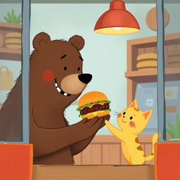 Inside a hamburger shop, a cheerful smiling brown bear holds out a delicious, fragrant hamburger to a cute little yellow cat, depicted in the charming and whimsical style of Jon Klassen
