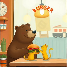 Inside a hamburger shop, a cheerful smiling brown bear holds out a delicious, fragrant hamburger to a cute little yellow cat, depicted in the charming and whimsical style of Jon Klassen