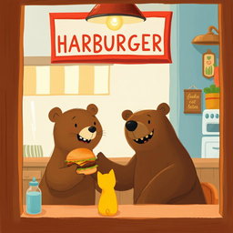 Inside a hamburger shop, a cheerful smiling brown bear holds out a delicious, fragrant hamburger to a cute little yellow cat, depicted in the charming and whimsical style of Jon Klassen