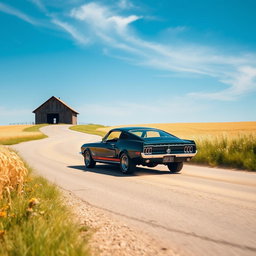 A stunning dark green 1967 Ford Mustang Fastback tearing down a scenic countryside road lined with golden wheat fields and blooming wildflowers