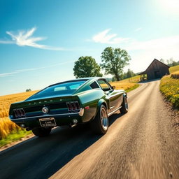 A stunning dark green 1967 Ford Mustang Fastback tearing down a scenic countryside road lined with golden wheat fields and blooming wildflowers