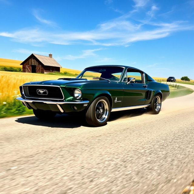 A stunning dark green 1967 Ford Mustang Fastback tearing down a scenic countryside road lined with golden wheat fields and blooming wildflowers