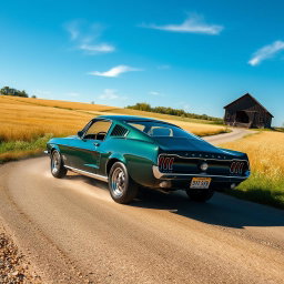 A stunning dark green 1967 Ford Mustang Fastback tearing down a scenic countryside road lined with golden wheat fields and blooming wildflowers