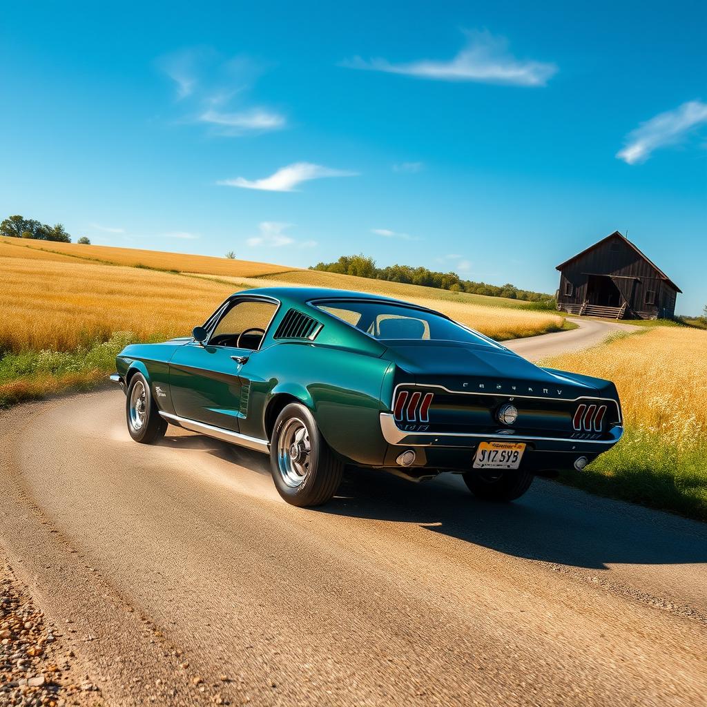 A stunning dark green 1967 Ford Mustang Fastback tearing down a scenic countryside road lined with golden wheat fields and blooming wildflowers