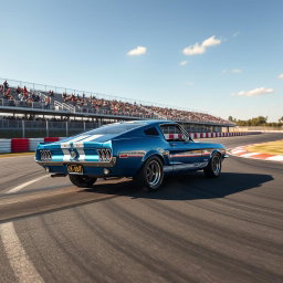 A striking blue 1967 Ford Mustang Fastback with white racing stripes accelerating on a professional racetrack, leaving tire marks as it powers through a sharp turn