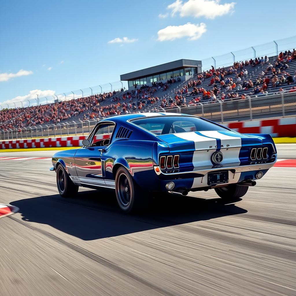 A striking blue 1967 Ford Mustang Fastback with white racing stripes accelerating on a professional racetrack, leaving tire marks as it powers through a sharp turn