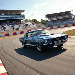 A striking blue 1967 Ford Mustang Fastback with white racing stripes accelerating on a professional racetrack, leaving tire marks as it powers through a sharp turn