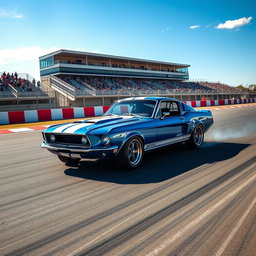 A striking blue 1967 Ford Mustang Fastback with white racing stripes accelerating on a professional racetrack, leaving tire marks as it powers through a sharp turn