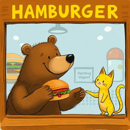 Inside a hamburger shop, a cheerful smiling brown bear holds out a delicious, fragrant hamburger to a cute little yellow cat, represented in the whimsical and charming style of Jon Klassen