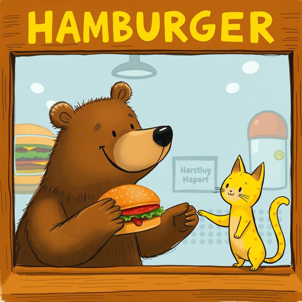 Inside a hamburger shop, a cheerful smiling brown bear holds out a delicious, fragrant hamburger to a cute little yellow cat, represented in the whimsical and charming style of Jon Klassen
