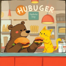 Inside a hamburger shop, a cheerful smiling brown bear holds out a delicious, fragrant hamburger to a cute little yellow cat, represented in the whimsical and charming style of Jon Klassen