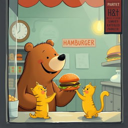 Inside a hamburger shop, a cheerful smiling brown bear holds out a delicious, fragrant hamburger to a cute little yellow cat, represented in the whimsical and charming style of Jon Klassen