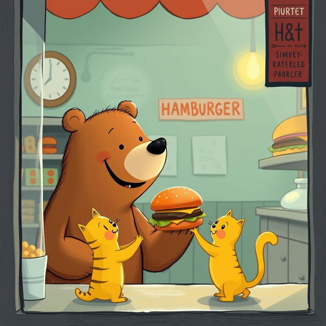Inside a hamburger shop, a cheerful smiling brown bear holds out a delicious, fragrant hamburger to a cute little yellow cat, represented in the whimsical and charming style of Jon Klassen