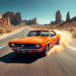 A fiery orange 1969 Chevrolet Camaro SS roaring down a sunbaked desert highway, kicking up dust as it speeds past towering rock formations