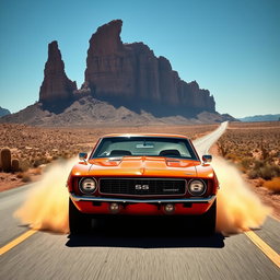 A fiery orange 1969 Chevrolet Camaro SS roaring down a sunbaked desert highway, kicking up dust as it speeds past towering rock formations