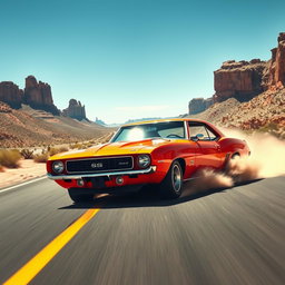 A fiery orange 1969 Chevrolet Camaro SS roaring down a sunbaked desert highway, kicking up dust as it speeds past towering rock formations
