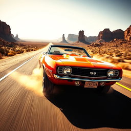 A fiery orange 1969 Chevrolet Camaro SS roaring down a sunbaked desert highway, kicking up dust as it speeds past towering rock formations