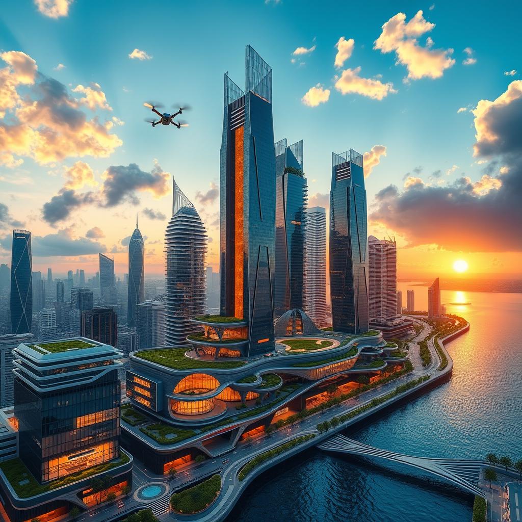 A redesigned futuristic cityscape, showcasing towering skyscrapers with glass exteriors, layered platforms, and lush vertical gardens