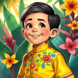 A detailed character depiction of Juanito Pelaez, styled as a young boy from the classic Filipino literature