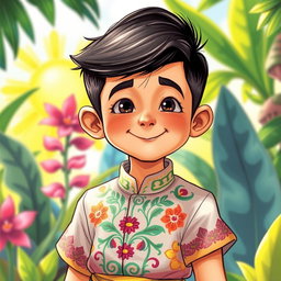 A detailed character depiction of Juanito Pelaez, styled as a young boy from the classic Filipino literature