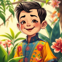 A detailed character depiction of Juanito Pelaez, styled as a young boy from the classic Filipino literature