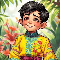 A detailed character depiction of Juanito Pelaez, styled as a young boy from the classic Filipino literature