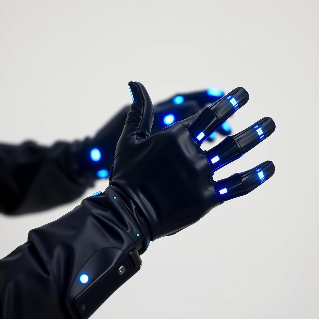 A pair of high-tech gloves featuring built-in electricity indicators, designed for futuristic utility