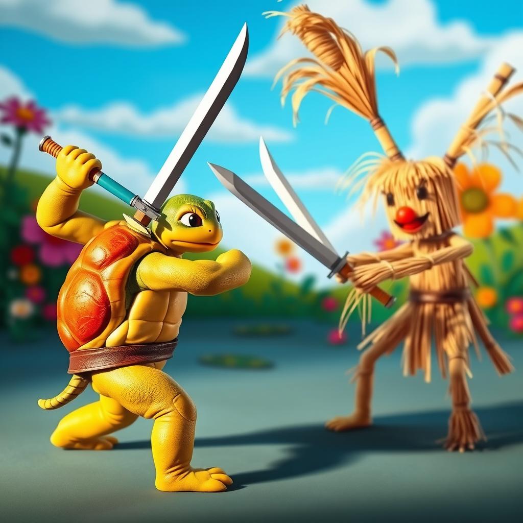 A whimsical scene of a turtle wielding two swords, skillfully poised in a dynamic fighting stance