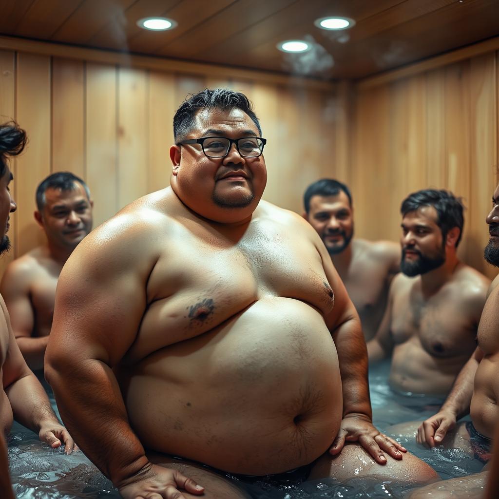 A robust and stocky Asian middle-aged man with chubby cheeks and strong limbs, possessing a solid chest and a tall stature that is between muscular and overweight