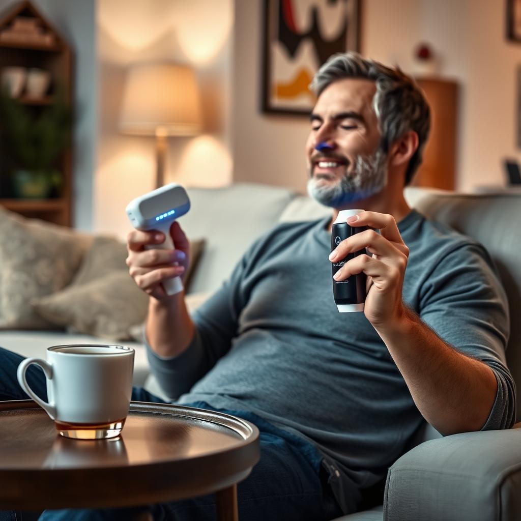 A man sitting comfortably at home, holding a power cure laser therapy device in one hand