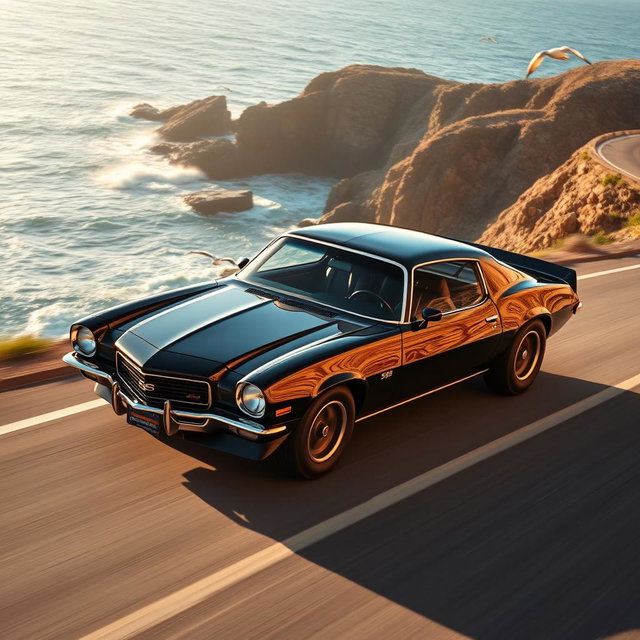 A sleek black 1970 Chevrolet Camaro Z28 hugging the curves of a winding coastal highway, with waves crashing dramatically against rocky cliffs below