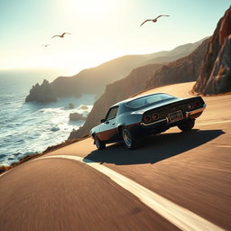 A sleek black 1970 Chevrolet Camaro Z28 hugging the curves of a winding coastal highway, with waves crashing dramatically against rocky cliffs below