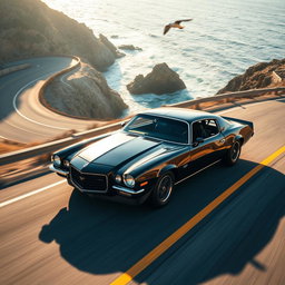 A sleek black 1970 Chevrolet Camaro Z28 hugging the curves of a winding coastal highway, with waves crashing dramatically against rocky cliffs below