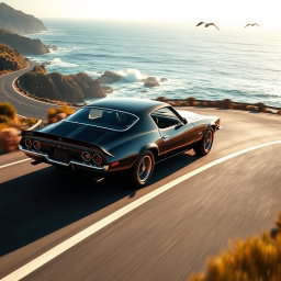 A sleek black 1970 Chevrolet Camaro Z28 hugging the curves of a winding coastal highway, with waves crashing dramatically against rocky cliffs below