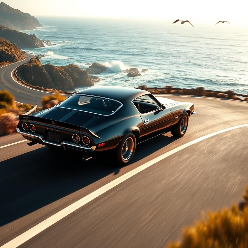 A sleek black 1970 Chevrolet Camaro Z28 hugging the curves of a winding coastal highway, with waves crashing dramatically against rocky cliffs below