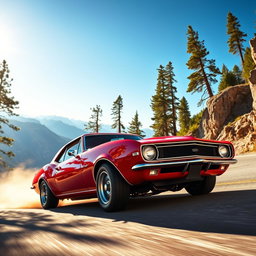 A vibrant red 1967 Chevrolet Camaro SS racing up a steep mountain pass, its powerful engine growling as it navigates through a sharp bend