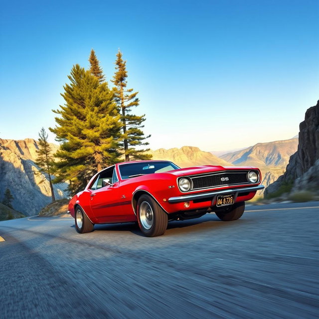 A vibrant red 1967 Chevrolet Camaro SS racing up a steep mountain pass, its powerful engine growling as it navigates through a sharp bend
