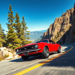 A vibrant red 1967 Chevrolet Camaro SS racing up a steep mountain pass, its powerful engine growling as it navigates through a sharp bend