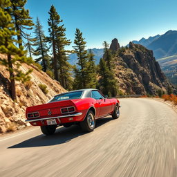 A vibrant red 1967 Chevrolet Camaro SS racing up a steep mountain pass, its powerful engine growling as it navigates through a sharp bend